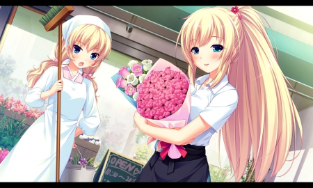 Flower Bouquet - flower, blond hair, beautiful, blossom, bouquet, blonde, anime girl, broom, girl, blond, blonde hair, floral, pretty, beauty, sweet, anime, maid, long hair, nice, lovely, female