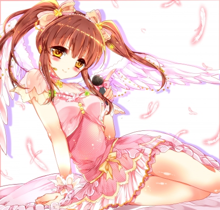 Angel Chan - gown, plain, beautiful, anime girl, girl, microphone, simple, pretty, twin tails, beauty, sweet, brown hair, anime, twintail, twintails, dress, twin tail, long hair, nice, lovely, female, angel