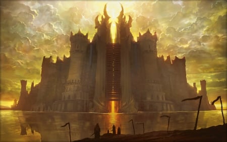 Castle - game, water, magic the gathering, fantasy, sunset, golden, art, castle, luminos