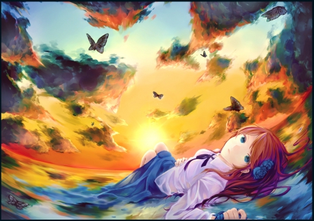 Soranitokeru - hot, magic, anime girl, laying, ribbon, lady, sexy, lying, scenic, light, long hair, lay, glow, butterfly, beautiful, sweet, serious, dress, nice, beauty, sky, female, emotional, fantasy, pretty, cloud, anime, cute, scene, maiden, girl, lovely, scenery