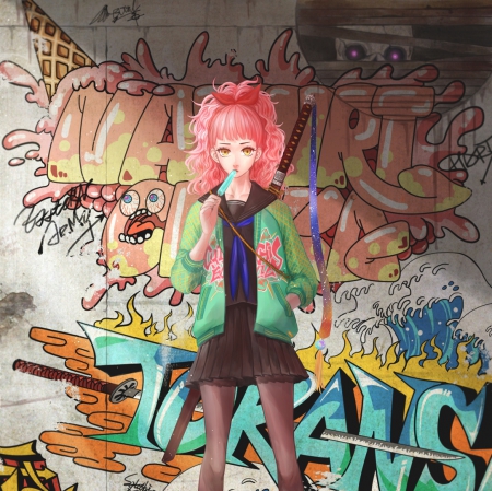 Graffiti - anime, magic, female, food, maiden, long hair, ice cream, hd, miniskirt, pink hair, anime girl, skirt, beautiful, beauty, fantasy, lady, jacket, cute, wall