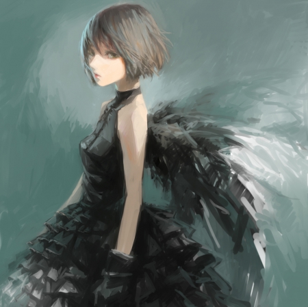 Black Wings - anime, elegant, wing, maiden, dress, angel, lolita, short hair, plain, loli, gown, anime girl, beautiful, girl, simple, beauty, lady, wings