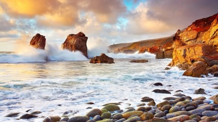 amazing rocky coast in california hdr - beaches, sky, surf, wallpaper, sunset, rocks, coast, waves, nature, oceans, coasr, hdr, stones, sea, new