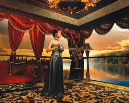 Beautiful maiden - woman, room, style, lake