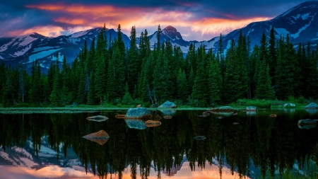 wonderful lake landscape - forest, mountains, rocks, night, lake, reflection, clouds, sunset, mountain