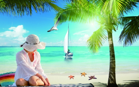 Beautiful beach - woman, beach, trees, boat