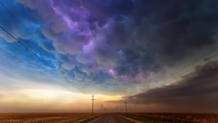 spectacular lightning storm over a texas road hdr - storm, clouds, prairie, hdr, road, poles, lightning, sky