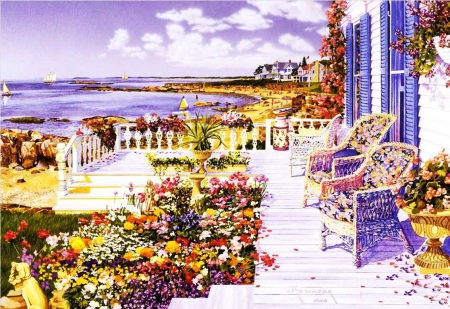 Saybrook Terrace - beach, artwork, armchairs, summer, flowers, sea