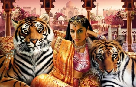 Indian Beauty - woman, indian, girl, colorful, wallpaper, fantasy, exotic, cg, art, beautiful, digital, tiger