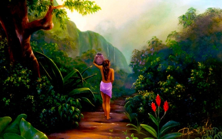 A Walk in Paradise - serene, girl, colorful, fantasy, painting, digital, woman, paradise, art, wallpaper