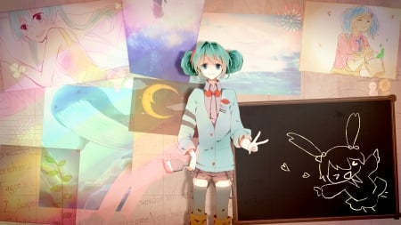 Always HAPPY :) - pretty, anime, vocaloid, female, hatsune miku, green eyes, green hair, long hair, dream, short hair, chibi, nice, art, anime girl, twintails, beautiful, beauty, cool, sweet, fantasy, smile, miku, awesome, lights, cute, shorts, hatsune