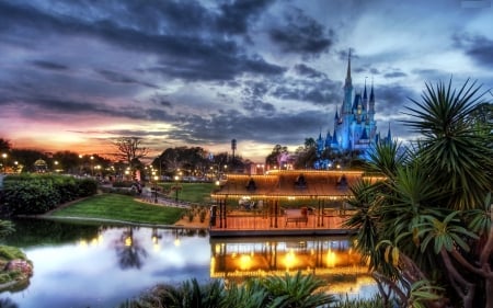 Disneyworld - sky, houses, reflection, clouds, castle, river, hdr