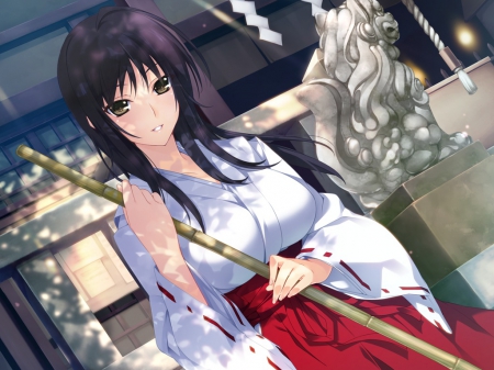 Good day to u! - pretty, anime, female, light, izumi wakoto, long hair, japanese clothes, nice, miko, game cg, brown eyes, anime girl, game, beautiful, lovely x cation, blush, beauty, sweet, smile, black hair, temple, cute, sexy