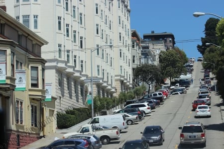 San Francisco Hill - hill, street, cars, sunny, California, building, San Francisco