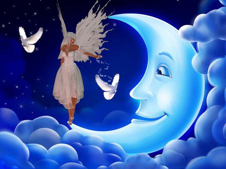 Angel - moon, abstract, fantasy, angel, doves, sky