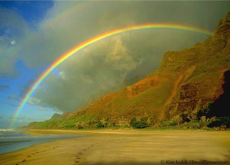 Over the Rainbow - rainbow, beach, ocean, clouds, mountains