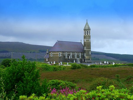 Church- Ireland - flowers, mountains, church, ireland, cemetry