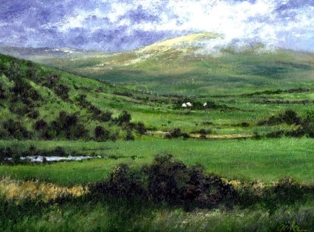 Irish Green Pastures - art, trees, ireland, clouds, pastures, mountains