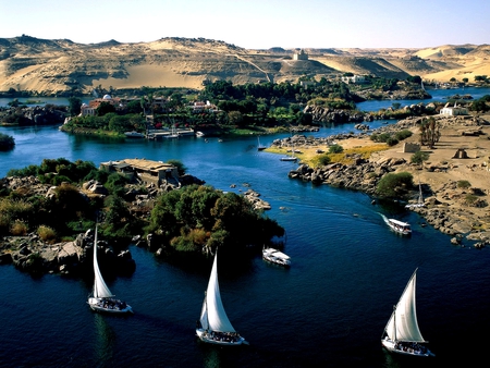 Nile River, Egypt - photograph, boats, river, nile, sail boat, water, desert, sand