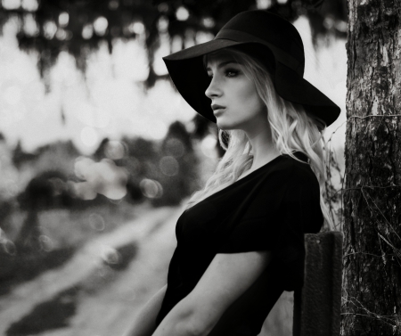 Somewhere without you - hat, black, and white, lady, model