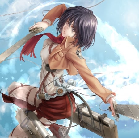 Mikasa Ackerman - attack on titan, anime, anime girl, female, serious, girl, sword, emotional, dark, short hair, blade, scarf, mikasa ackerman, weapon, mikasa, shingeki no kyojin