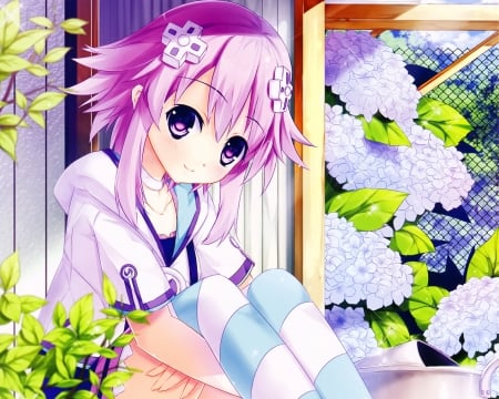 Neptune - pretty, anime, kawaii, female, blossom, maiden, short hair, hd, sit, nice, sitting, purple hair, anime girl, beautiful, girl, beauty, lovely, sweet, flower, flora, lady, adorable, floral