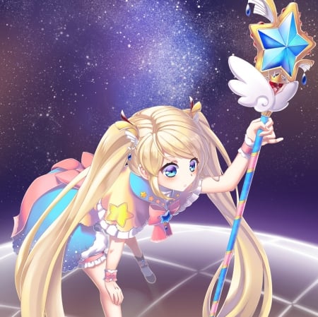 Shooting Star - beauty, nice, female, wand, twintail, blond, anime girl, blond hair, pretty, blonde hair, anime, twin tail, girl, twintails, long hair, staff, lovely, hd, star, twin tails, beautiful, sweet, blonde