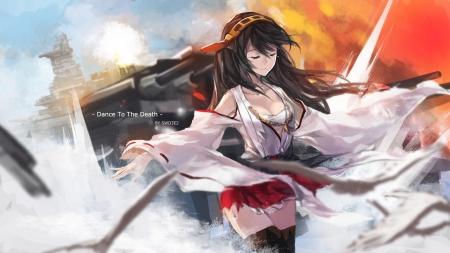 Dance to the Death - beauty, beautiful, hot, anime, gun, kantai collection, girl, dress, long hair, kantai, sexy, armor, female, scene, weapon