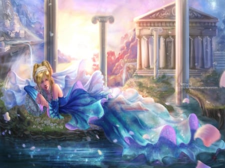 Astraeid - nice, beauty, magic, blond, elegant, fantasy, laying, blond hair, gorgeous, pretty, blonde hair, petals, fantasy girl, scene, lying, girl, magical, long hair, lay, gown, lovely, pavilion, floral, beautiful, blossom, scenery, sweet, dress, blonde, pole, flower