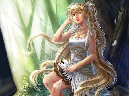 Solori - pretty, twin tail, twintail, dress, blonde, blond hair, long hair, blond, hd, nice, twin tails, gown, realistic, girl, sundress, blonde hair, fantasy, fantasy girl