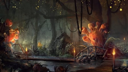 Fantasy world - game, water, forest, light, orange, lantern, tree, dark, black, fantasy, world, luminos