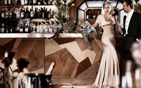 Scarlett Johansson - Mario Testino, leopard, cub, dress, girl, man, bar, actress, vogue, Scarlett Johansson, animal, woman, couple