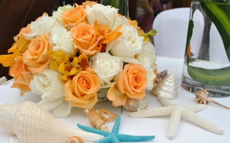 Bouquet and starfish - flowers, bouquet, rose, stafish