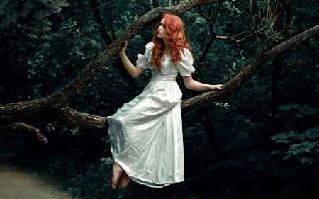 â™¥ - woman, redhead, girl, branch, white, forest, pauline, green, dress