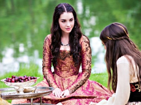 Adelaide Kane as Mary - woman, actress, girl, picnic, tv series, mary, cherry, reign, fruit, adelaide kane, pink, green, dessert, dress