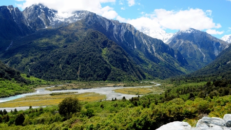 mountain stream in a new zealand valley - clouds, stream, creamy, mountains, valley