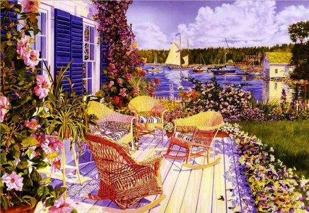 Lakeside Veranda - sailboat, artwork, table, lake, armchairs