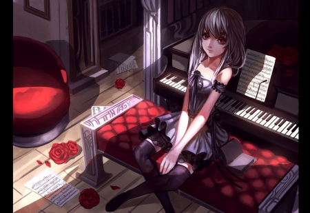 Piano - pretty, anime, female, scenery, scene, maiden, dress, long hair, nice, piano, anime girl, beautiful, girl, sundress, beauty, lovely, sweet, chair, lady