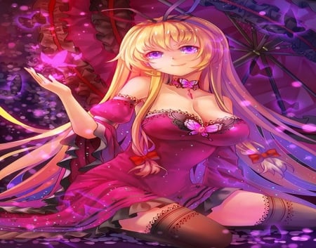 Yakumo Yukari - witch, game, anime, touhou, red, girl, butterfly, long hair