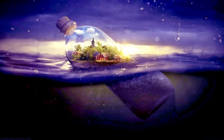 VILLAGE in the BOTTLE - village, bottle, water, digital, art