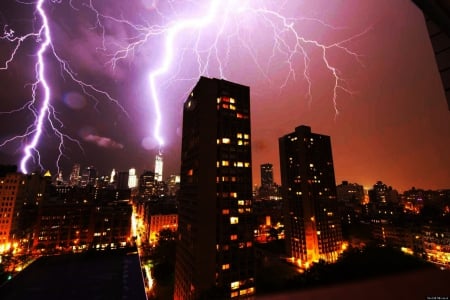 Lightning strikes One World Trade Center - usa, ny, thunderstorm, skyscrapers, city