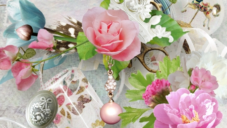 Just a Bit Romantic - roses, pearls, romantic, chain, feather, peonies, flowers, vintage, brooch