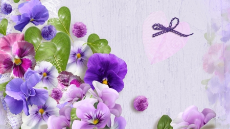 Pansies and Sweet Peas - sweet peas, heart, lavender, summer, romantic, spring, pansies, fresh, purple