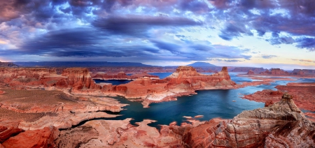 Lake Powell Panorama - sky, erosion, utah, cliff, arizona, canyon, reservoir, blue, beautiful, river, clouds, reddish