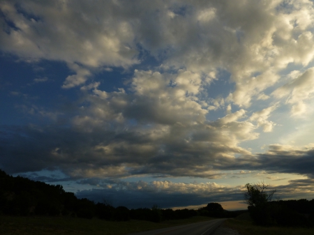 Evening Road - sky, trees, road, clouds