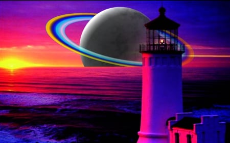 Abstract Planet F - lighthouse, scenery, sunset, planet, space