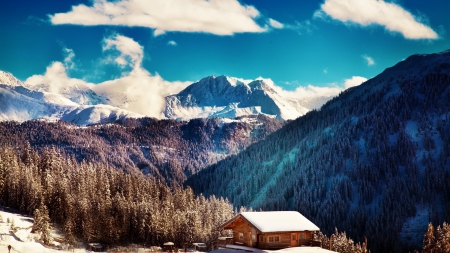 beautiful mountain cabin in winter - mountains, forests, winter, clouds, cabin