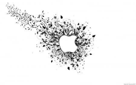 Apple Computer - black, white, computer, apple, technology, art, leaves