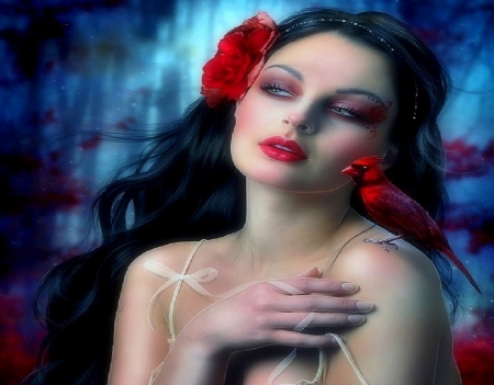 ~Depths of Memory~ - woman, photomanipulation, people, emotional, model, creative pre-made, digital art, softness beauty, birds, lady, lovely, love four seasons, weird things people wear, beautiful, red, backgrounds, sweet, flowers, colors