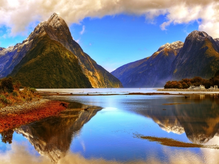 Mountains Reflections - fjord, clouds, calm afternoon, beautiful, snowy peaks, New Zealand, Milford Sound, mountain